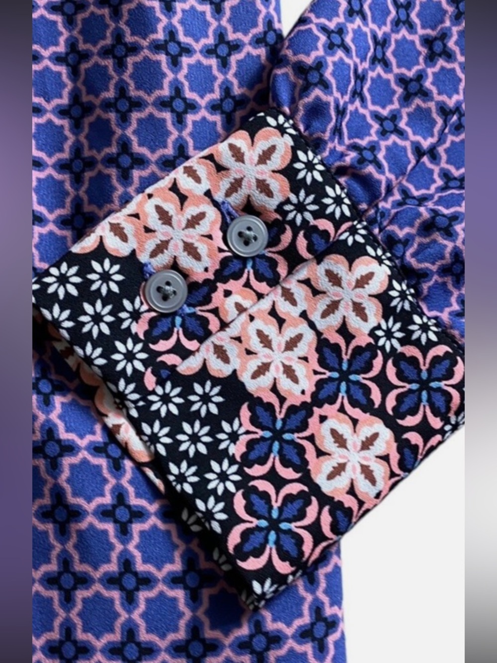 NWT LOFT Purple Geometric & Floral-Trim Long Sleeve Blouse - Picture 5 of 7